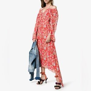 PREEN BY THORNTON BREGAZZI Corrine Floral Print Off in Red Silk Dress